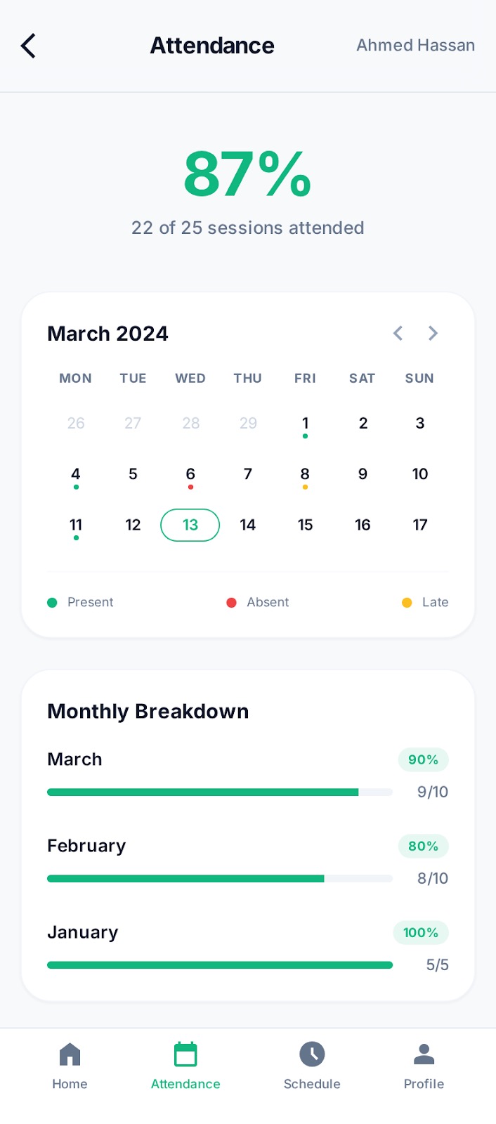 Attendance history calendar view with day-by-day status