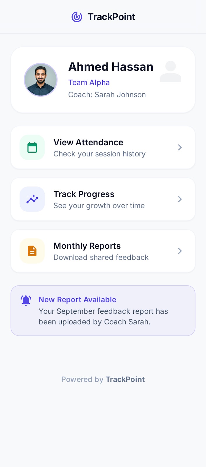 Public member portal showing profile card, attendance, progress, and monthly reports