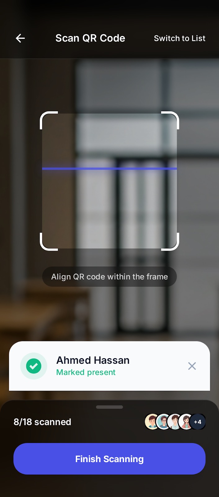 QR code attendance scanner showing live camera feed with scanned member confirmation