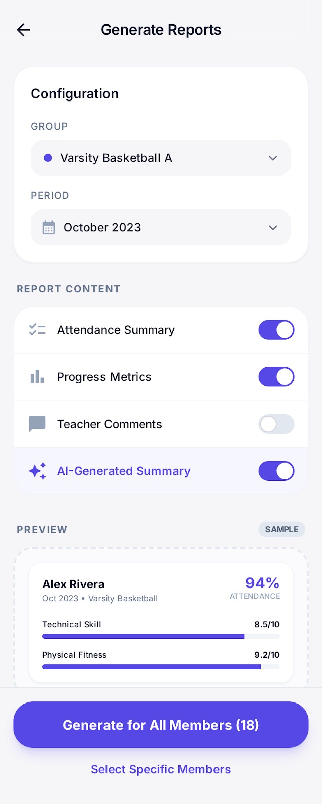 Report generation wizard with group selection, period, content toggles, and live preview