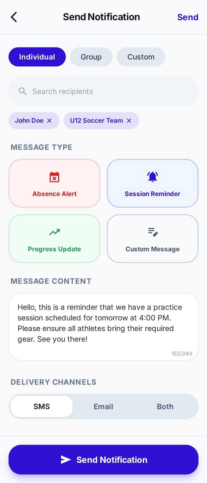 Send notification screen with group targeting, message composition, and delivery options