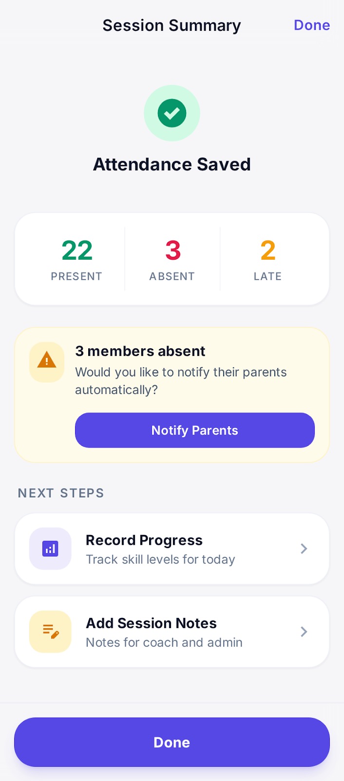 Session summary showing attendance breakdown, notes, and member-by-member status