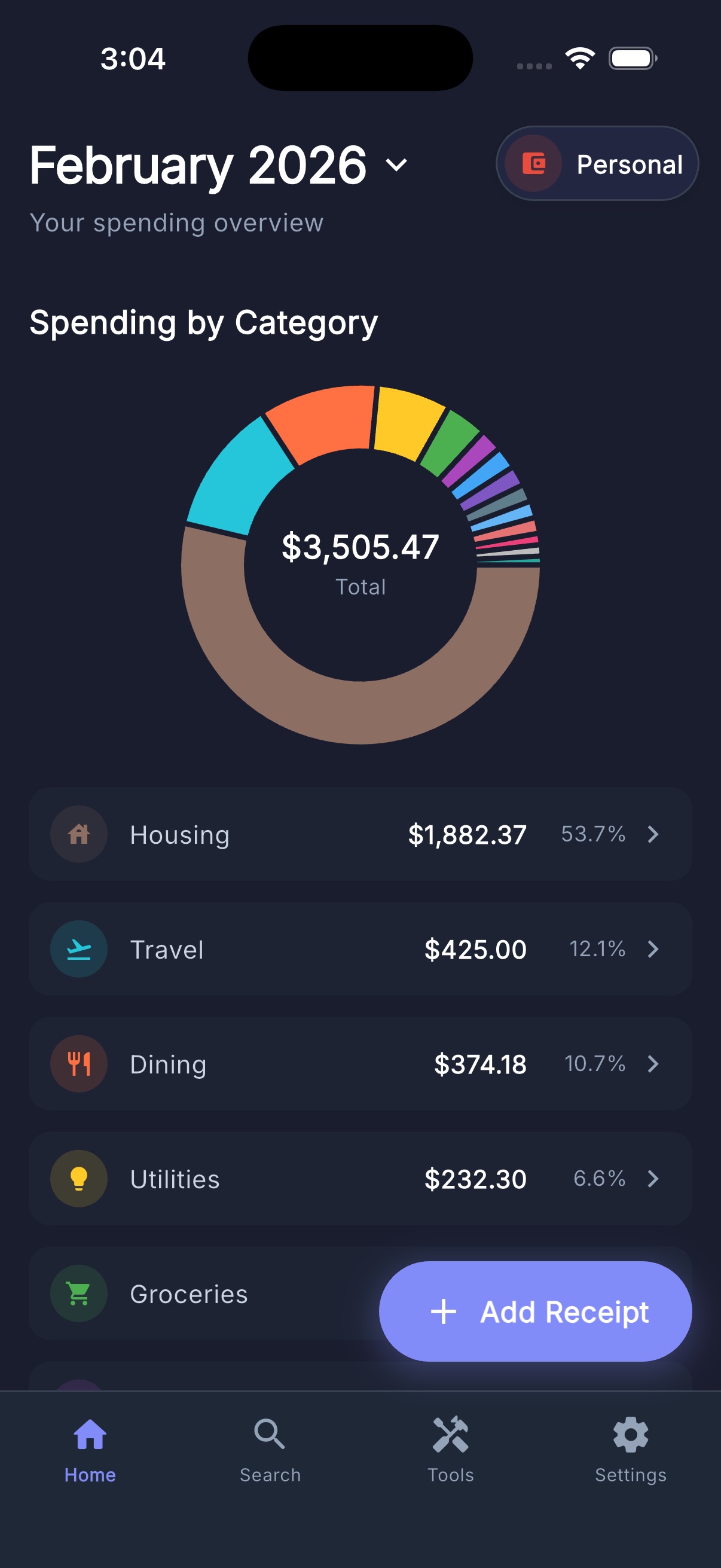 Category breakdown in dark mode with donut chart