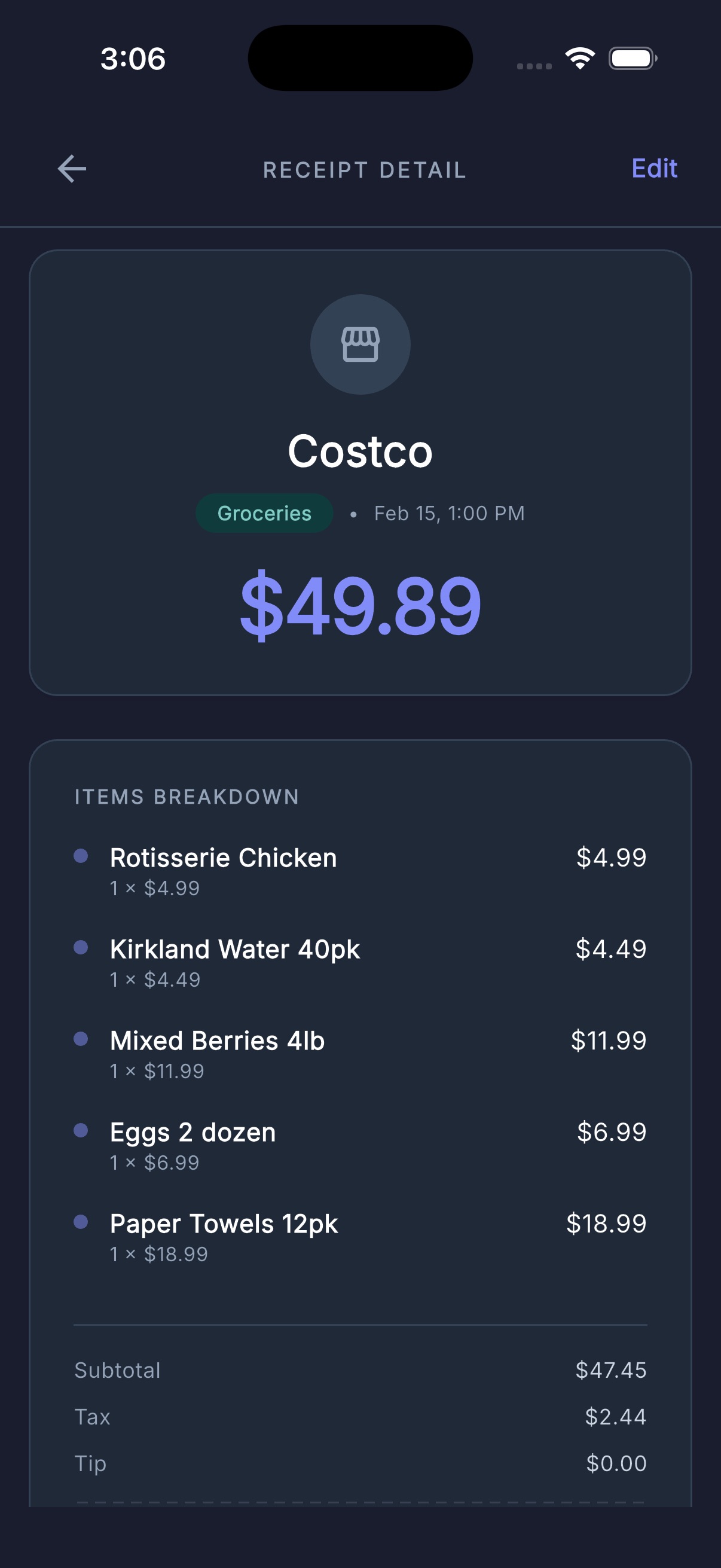 Receipt detail showing Costco purchase with itemized breakdown
