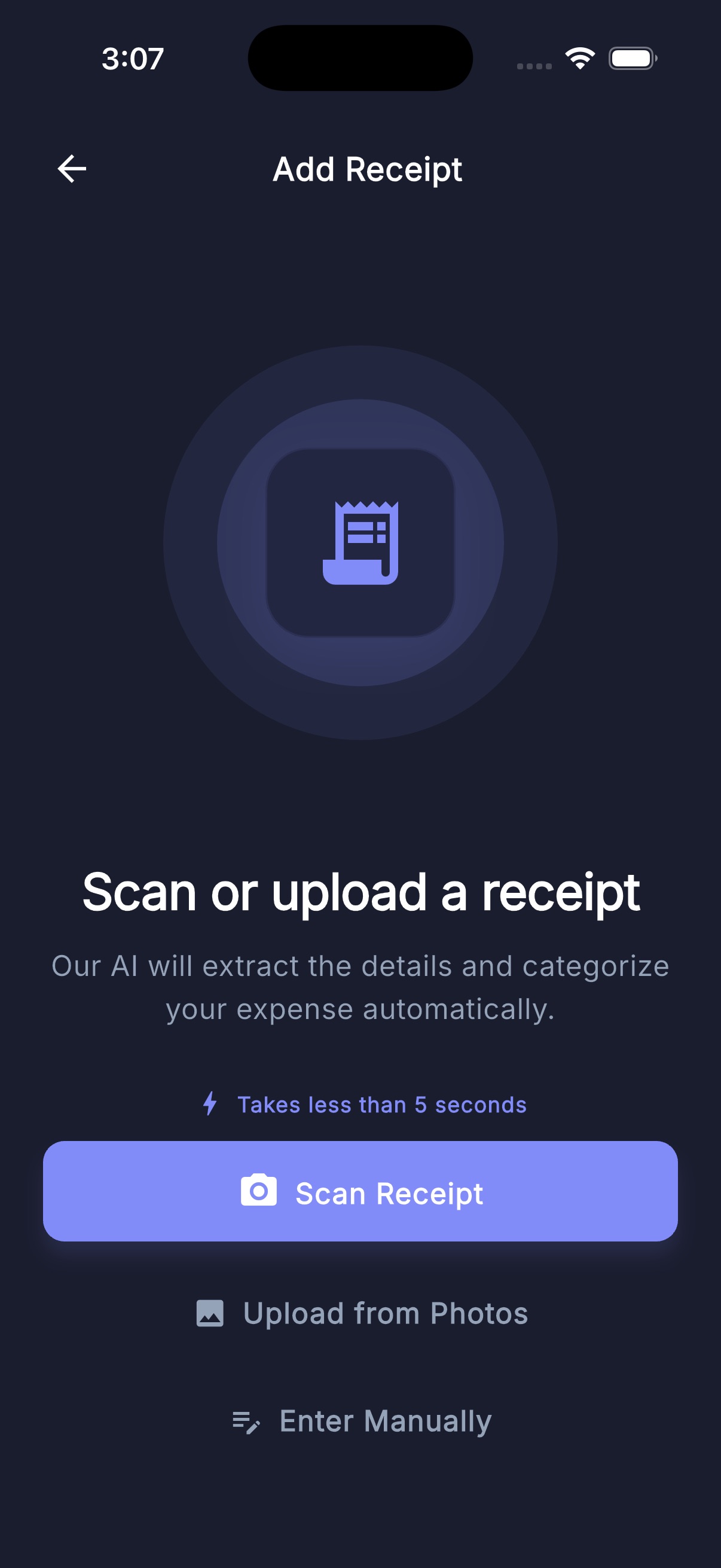 Receipt scanning screen with camera and upload options