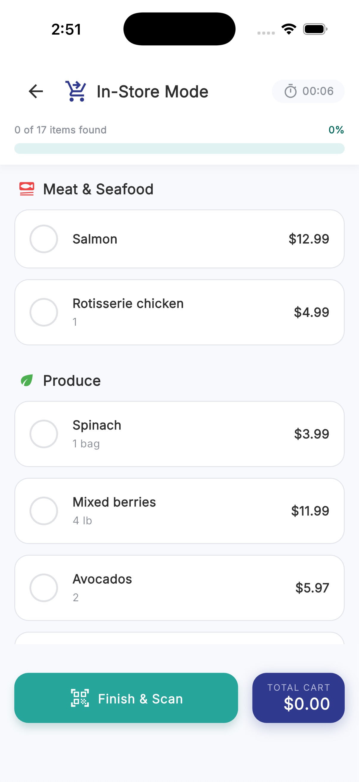 In-store shopping mode with categorized items and running total