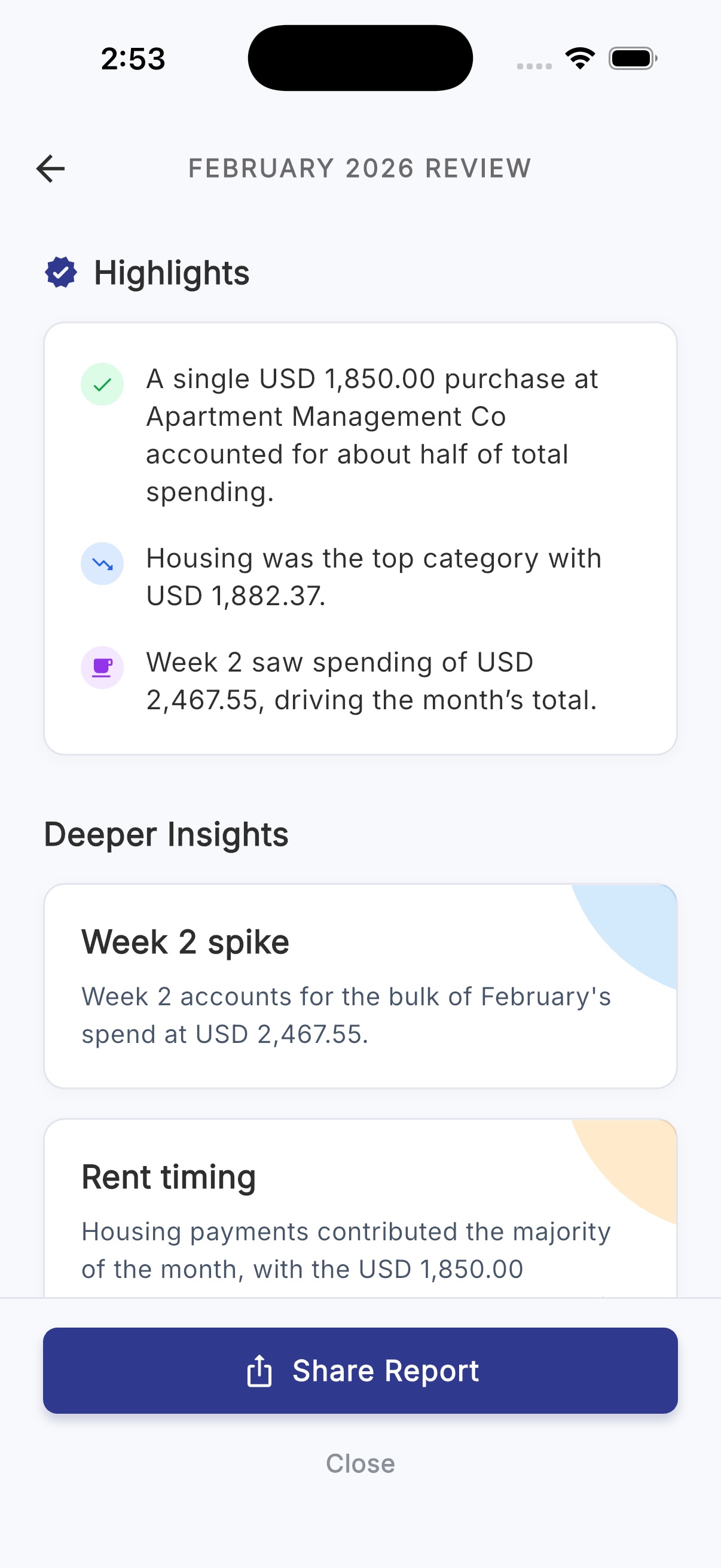 Spending highlights and deeper insights with week-by-week analysis