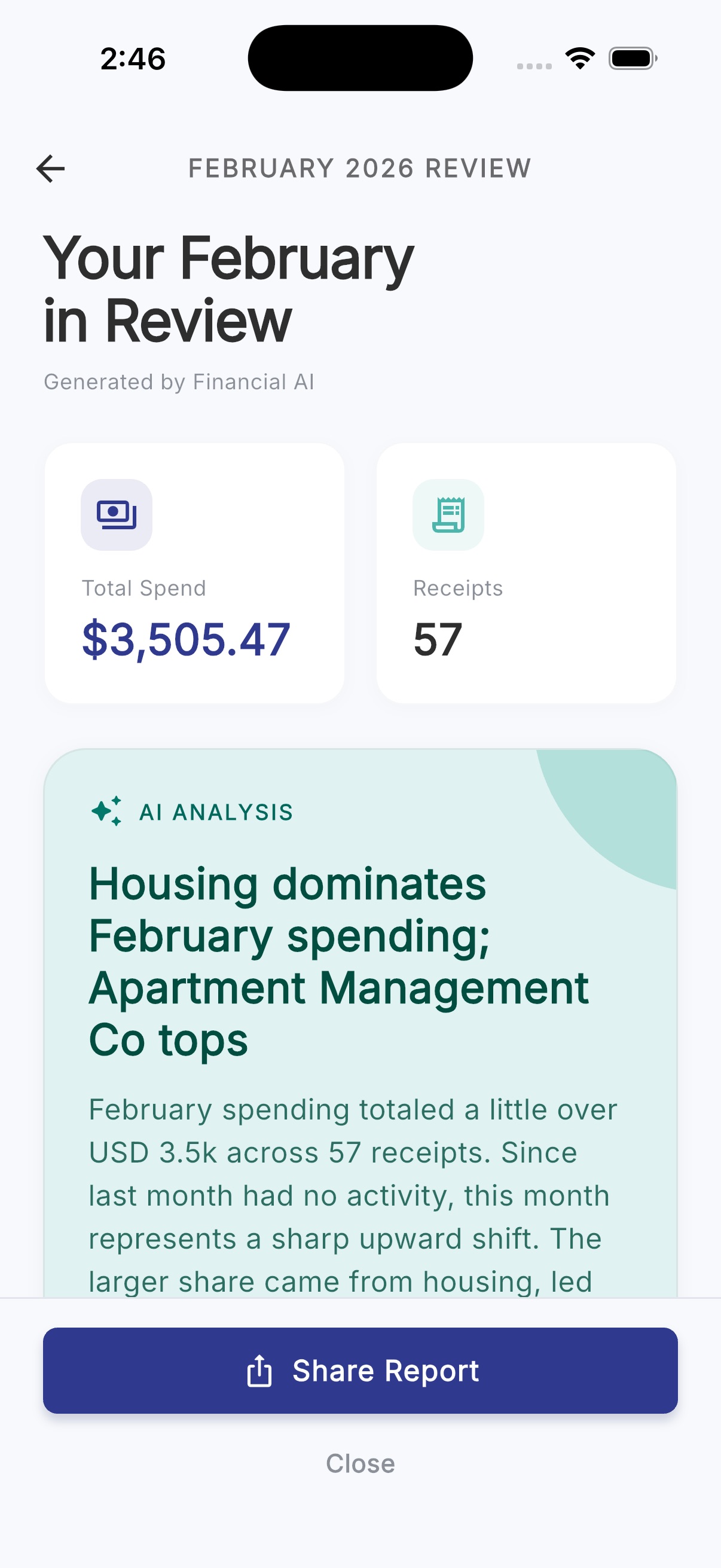 AI-generated monthly spending review with analysis