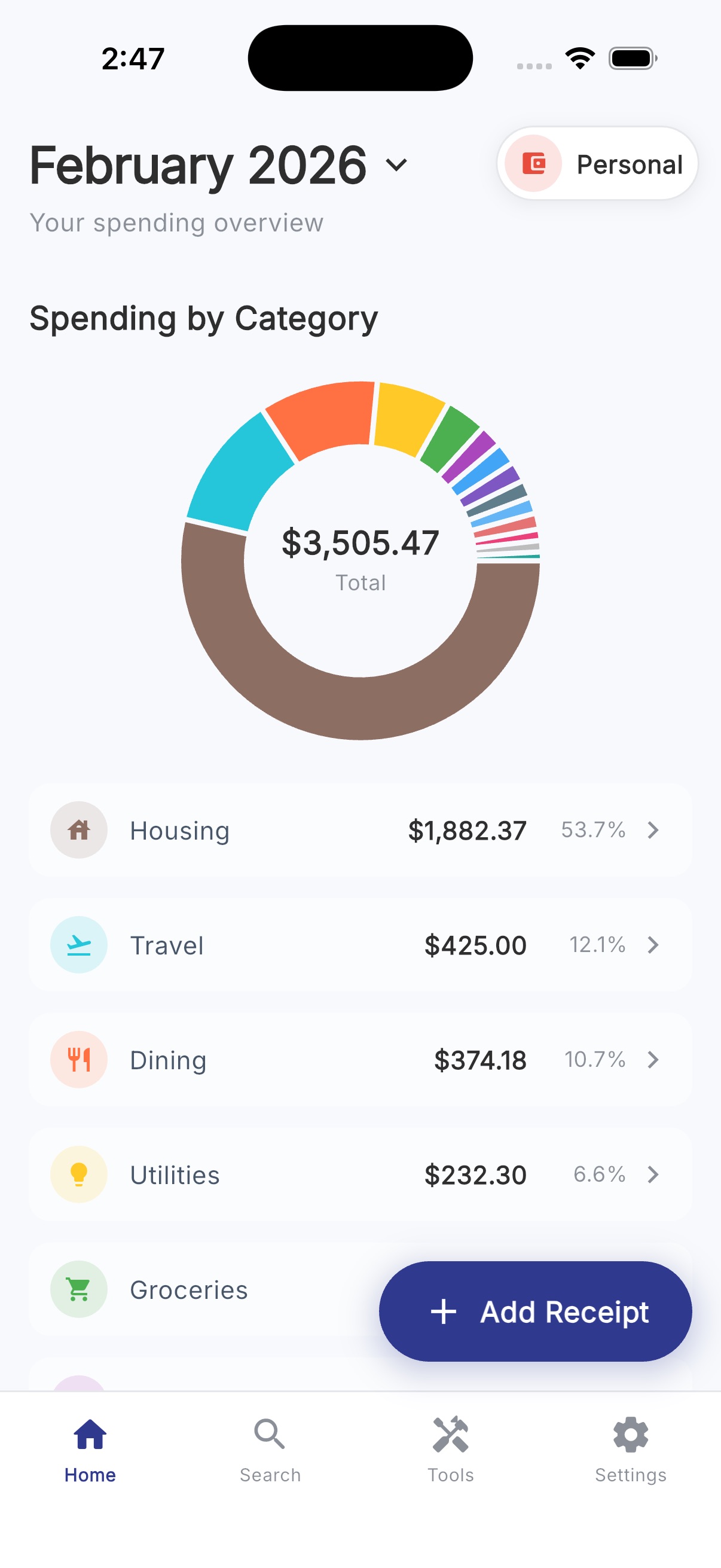 Spending by category with donut chart showing Housing, Travel, Dining breakdown