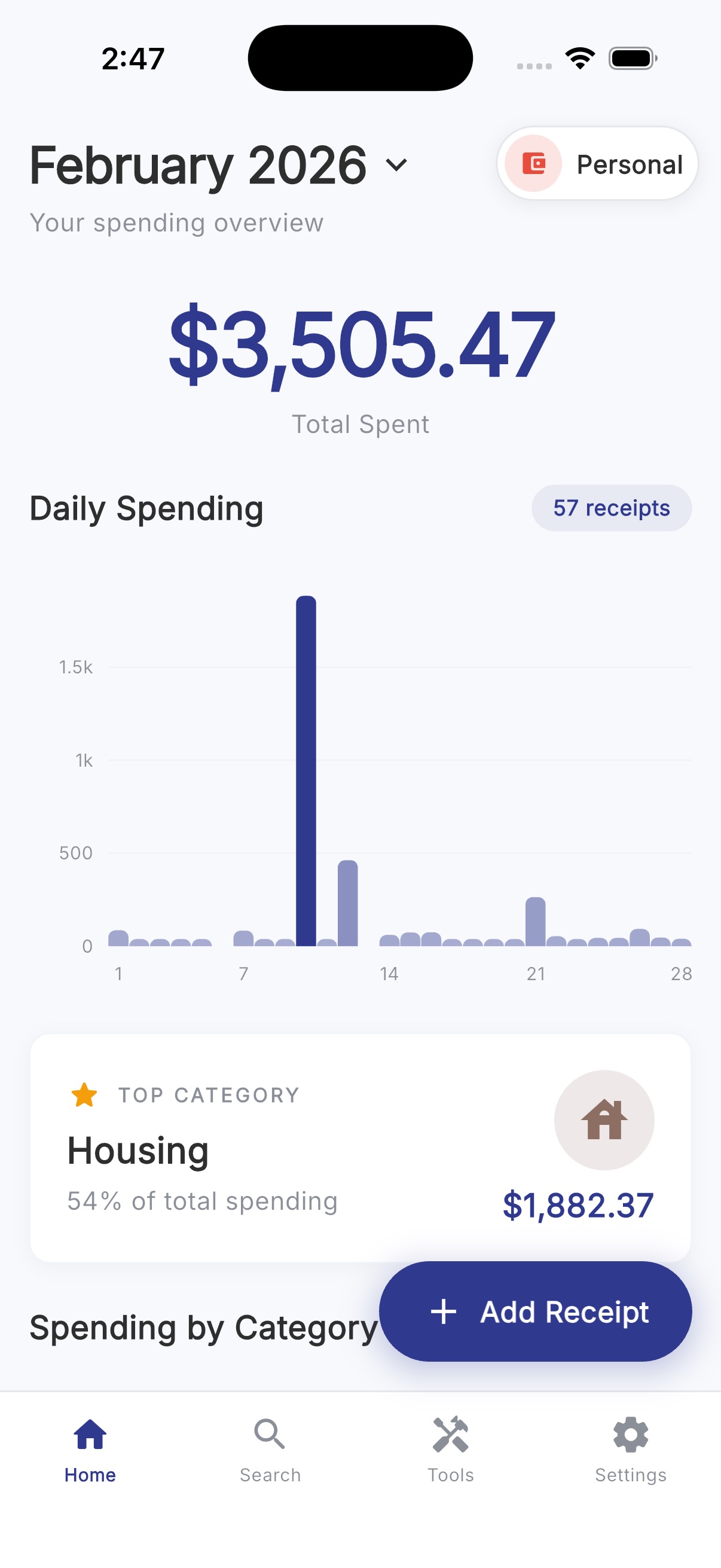 Home dashboard showing spending overview with daily chart and top categories