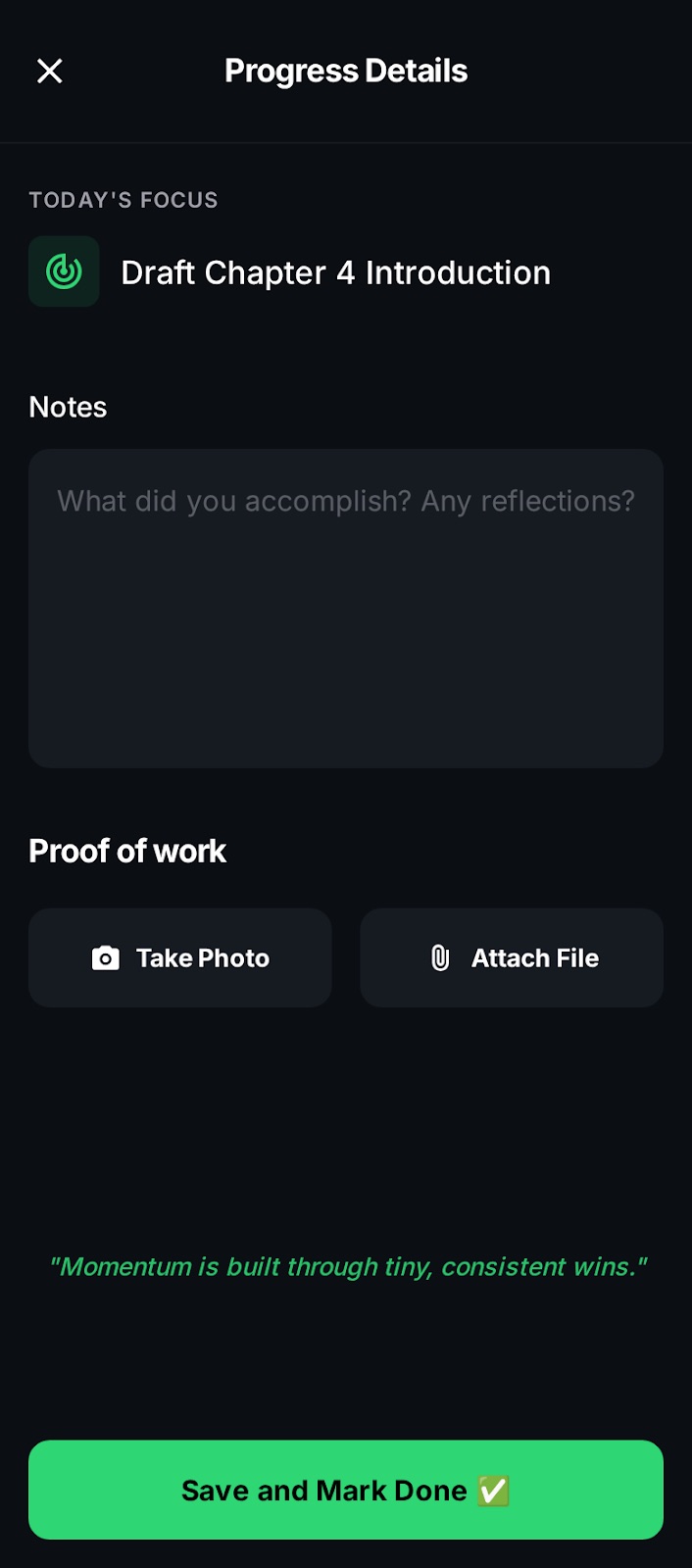 Progress Details screen with notes field and proof of work attachments — Take Photo or Attach File