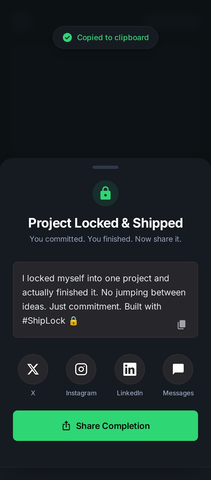 Completion share sheet — Project Locked and Shipped with social sharing options