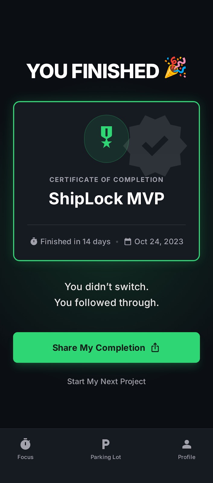 Project completion certificate — You Finished! with share option