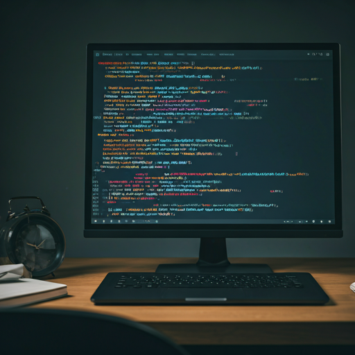 Clean, professional developer workspace with high-end monitors showing code